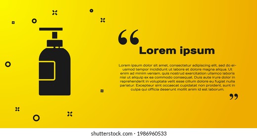 Black Hand sanitizer bottle icon isolated on yellow background. Disinfection concept. Washing gel. Alcohol bottle for hygiene.  Vector Illustration