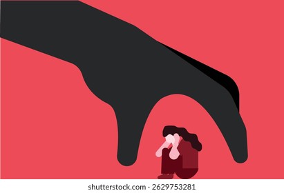 Black hand shadow trying to show oppression violence to woman illustration