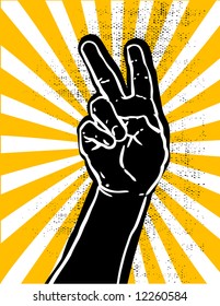 black hand showing victory or peace sign grunge textured vector illustration