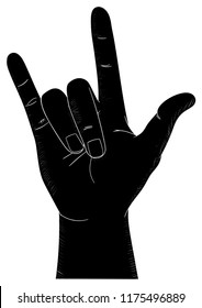 Black Hand Sign Rock N Roll Crosshatched Drawing