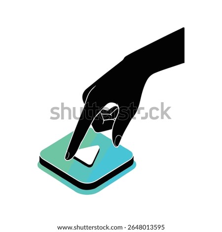 Black hand silhouette presses a stylized play button on a blue and green isometric square.
