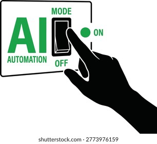 A black hand silhouette pressing a light switch with AI and automation written in green on a white background with a green on indicator