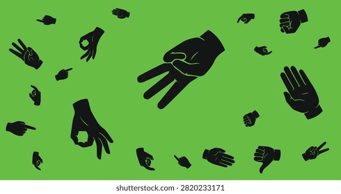 black hand silhouettes on green background representing unity cooperation and social engagement for collaborative and communal themes
