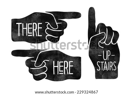 Black hand silhouettes with pointing finger. Navigation signs