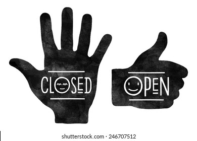 Black Hand Silhouettes With The Words Closed And Open. Navigation Signs
