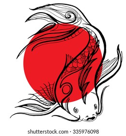 Black hand sketch fish in circle, japan red flag illustration