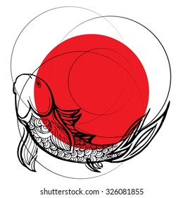 Black hand sketch fish in red circle, japan flag symbol