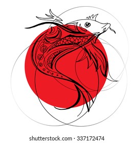 Black hand sketch fish in red circle with vector lines, japan flag symbol