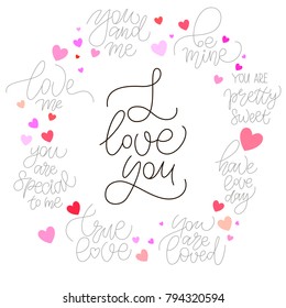 Black hand sketched vector text (celebration design) for valentine background with red, pink hearts for flyer, leaflet, booklet. Celebration vector illustration EPS 10 for Shop, catalog