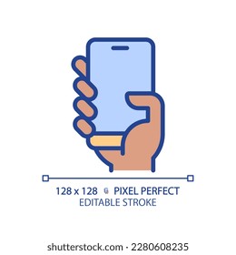 Black hand with smartphone pixel perfect RGB color icon. Person holding cell phone. Mobile device for communication. Isolated vector illustration. Simple filled line drawing. Editable stroke