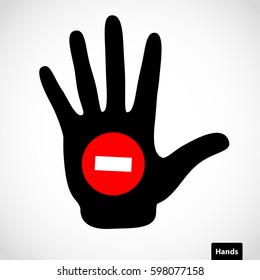 Black hand and stop sign on the palm icon vector concept. Vector hands icon illustration.