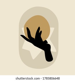 Black hand with sun on gray background. Black female mystical concept. Emblem in boho style.