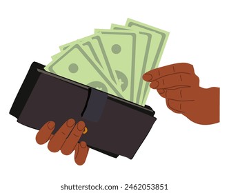 Black Hand taking cash money from wallet. African american person Holding purse, paying with dollar currency bank notes, finance bills, banknotes. Financial concept. Flat vector illustration isolated.