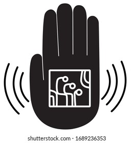 Mano negra con placa técnica que indica el terminal NFC. Ciber guantes de pago en tiendas en línea. Ilustración del tema de la banca y el pago sin contacto en un fondo blanco.