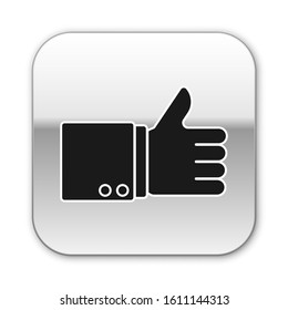 Black Hand thumb up icon isolated on white background. Silver square button. Vector Illustration