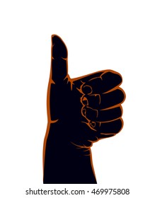 Black hand with thumb up isolated on white background, illustration.