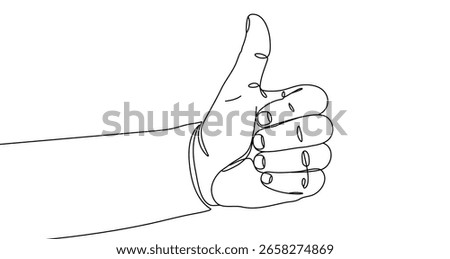 Black hand with thumb up (like) in one line art style. Hand drawing with editable stroke on white background. Vector illustration.