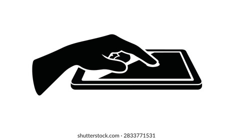 black hand touching digital tablet screen vector icon silhouette isolated on transparent background for technology apps