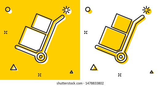 Black Hand truck and boxes icon isolated on yellow and white background. Dolly symbol. Random dynamic shapes. Vector Illustration