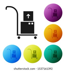 Black Hand truck and boxes icon isolated on white background. Dolly symbol. Set icons colorful circle buttons. Vector Illustration