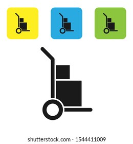 Black Hand truck and boxes icon isolated on white background. Dolly symbol. Set of colorful square icon buttons. Vector Illustration