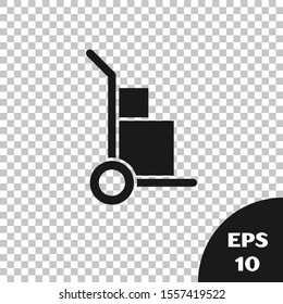 Black Hand truck and boxes icon isolated on transparent background. Dolly symbol.  Vector Illustration
