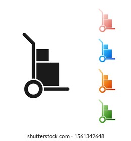 Black Hand truck and boxes icon isolated on white background. Dolly symbol. Set icons colorful. Vector Illustration