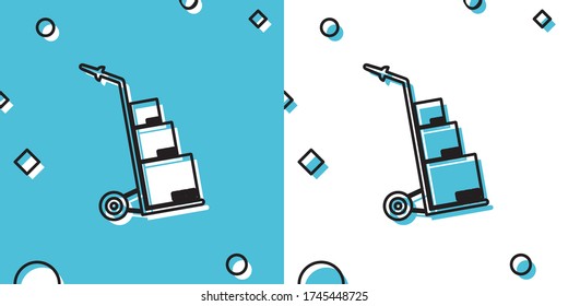 Black Hand truck and boxes icon isolated on blue and white background. Dolly symbol. Random dynamic shapes. Vector Illustration
