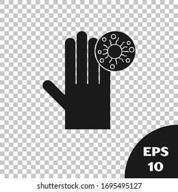 Black Hand with virus icon isolated on transparent background. Corona virus 2019-nCoV. Bacteria and germs, cell cancer, microbe, fungi.  Vector Illustration
