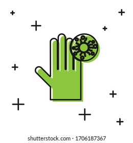Black Hand with virus icon isolated on white background. Corona virus 2019-nCoV. Bacteria and germs, cell cancer, microbe, fungi.  Vector Illustration