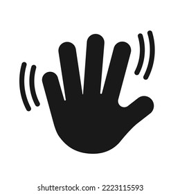 Black hand waving. Gesture saying hi or bye. Vector icon isolated symbol on white background