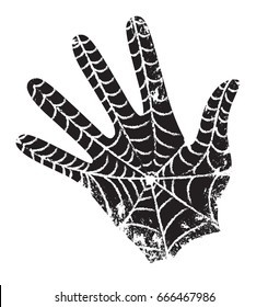 Black hand with the web. The spider spun a web on the palm of man. Superhero has left its mark.  Hand vector drawing. Stylized print on a t-shirt. Black and white clipart. Sketch.