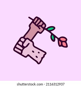 Black hand and white hand with flowers, illustration for t-shirt, poster, sticker, or apparel merchandise. With cartoon style.