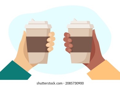 Black Hand And White Hand Hold Cups Of Hot Drink. Disposable Coffee Paper Cup. Coffee To Go Concept. Flat Vector Illustration