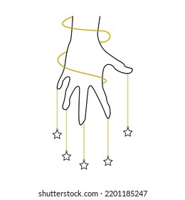 Black hand witch magic with golden yellow line hanging stars mystic magic boho outline icon vector design.