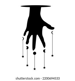 Agujero mágico de brujas de mano negra con fases lunares y estrellas colgantes místico diseño vectorial de icono de boho.