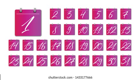 Black hand written calligraphy numbers on white background. Vector numerals 1-31 with gradient on calendar design