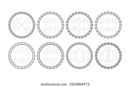 Black hand written curly motifs round borders and empty cartoon emblems design elements set on white background