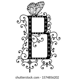 Black hand written monogram capital letter B decorated with butterflies, vector clip art on white isolated background