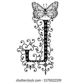 Black hand written monogram capital letter J decorated with butterflies, vector clip art on white isolated background