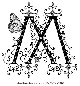 Black hand written monogram capital letter M decorated with butterflies, vector clip art on white isolated background
