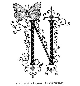 Black hand written monogram capital letter N decorated with butterflies, vector clip art on white isolated background