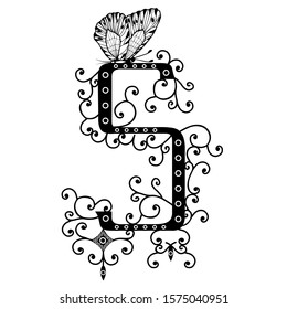 Black hand written monogram capital letter S decorated with butterflies, vector clip art on white isolated background