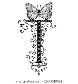 Black hand written monogram capital letter T decorated with butterflies, vector clip art on white isolated background