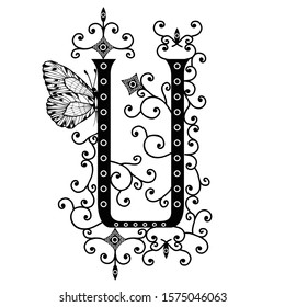 Black hand written monogram capital letter U decorated with butterflies, vector clip art on white isolated background