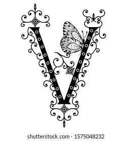 Black hand written monogram capital letter V decorated with butterflies, vector clip art on white isolated background