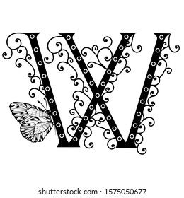 Black hand written monogram capital letter W decorated with butterflies, vector clip art on white isolated background