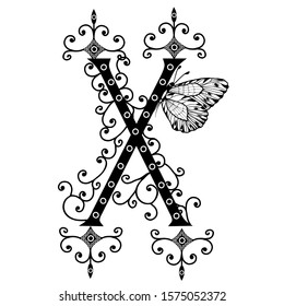 Black hand written monogram capital letter X decorated with butterflies, vector clip art on white isolated background