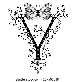 Black hand written monogram capital letter Y decorated with butterflies, vector clip art on white isolated background