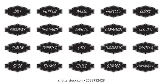 Black Hand Written Vintage Modern Style Spice or Seasoning Label Sticker Collection